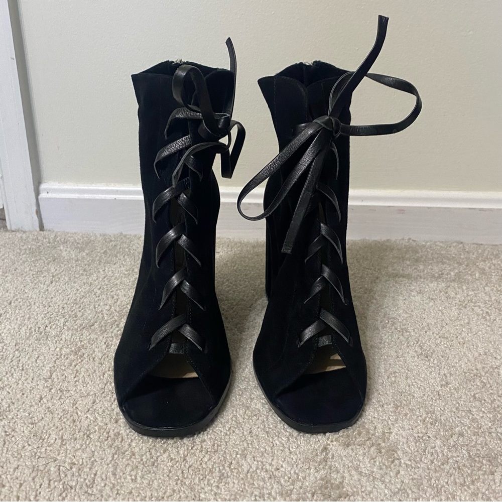 Faux suede and leather Kristen Cavallari peep toe booties